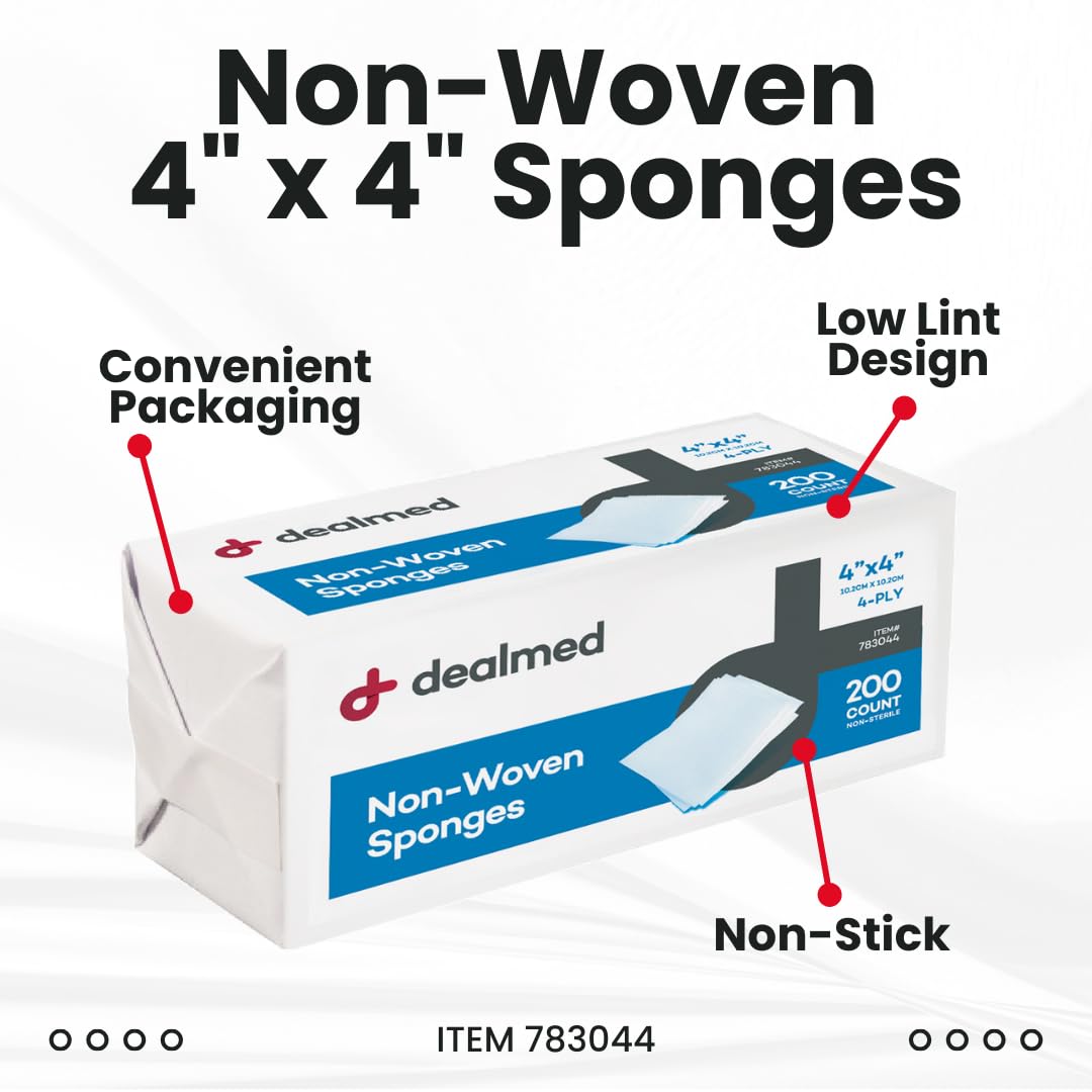 Dealmed Non-Woven Gauze Sponges - 4-Ply, 4" x 4" All-Purpose Non-Sterile Absorbent Dental Gauze Wound Care for First Aid Kit/Medical Facilities, 200 Count (Pack of 4)